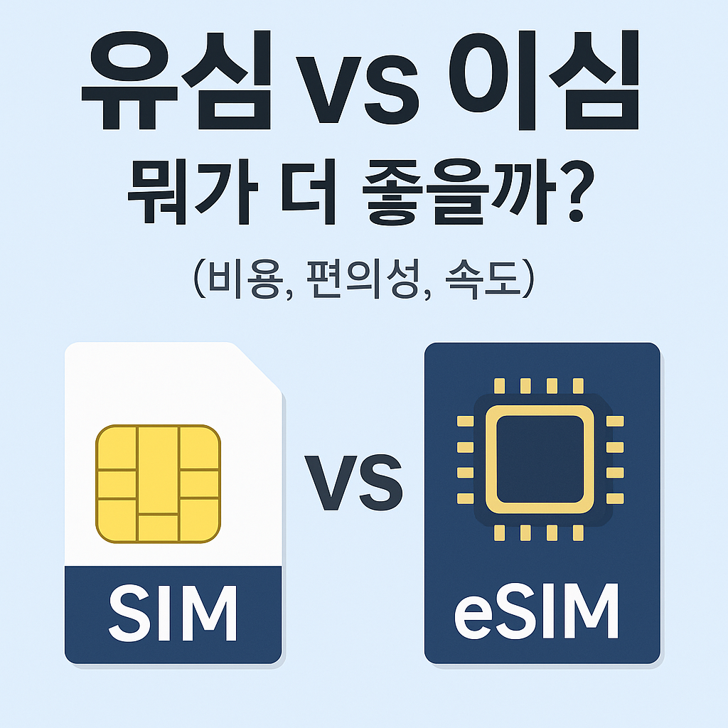 “유심 vs 이심, 뭐가 더 좋을까? (비용, 편의성, 속도)“라는 문구와 함께 SIM 카드와 eSIM 칩 아이콘이 나란히 비교되어 있는 그래픽 이미지. 파란색 배경 위에 각각 SIM과 eSIM이라는 텍스트가 큼직하게 강조되어 있음.