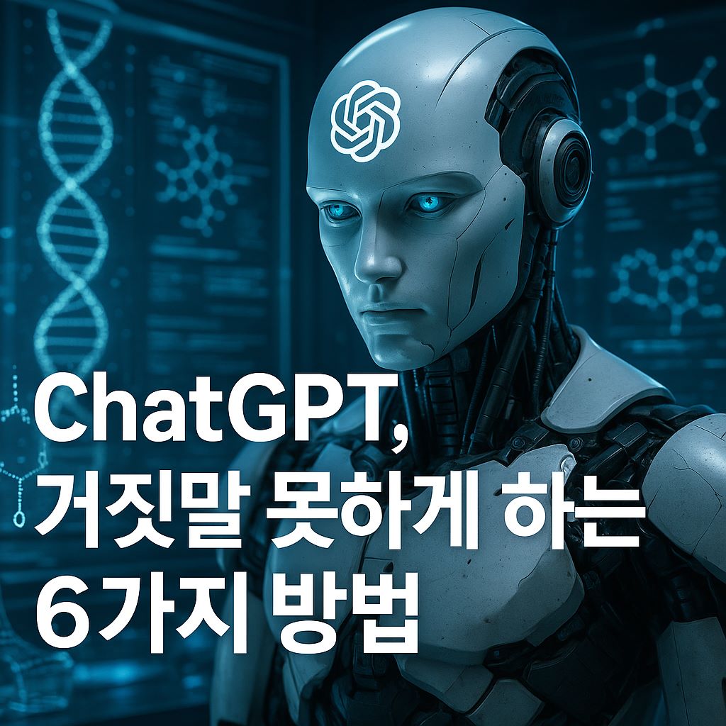 ChatGPT 로고가 이마에 새겨진 인공지능 로봇이 정보 신뢰도를 상징하는 배경 속에 서 있는 모습, 정확한 응답을 강조하는 고퀄리티 썸네일