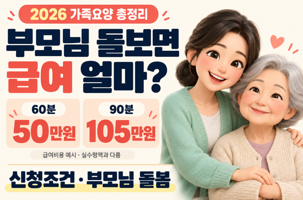 2026 가족요양보호사 급여 얼마?｜60분 50만원&middot;90분 105만원 급여비용&middot;부모님 돌봄&middot;신청조건 총정리