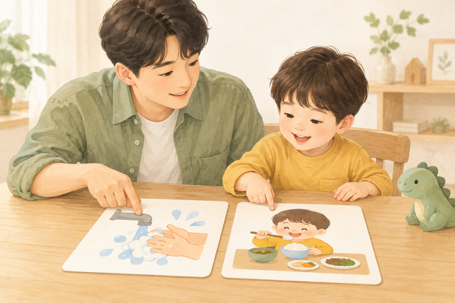 아빠와 아이가 두 장면 그림을 보며 함께 이야기하는 모습