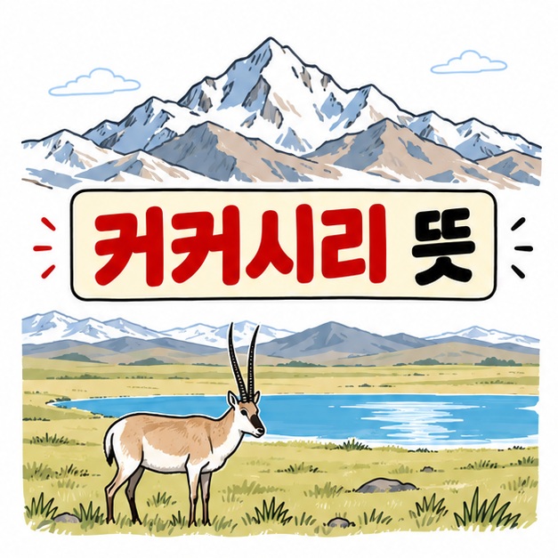 티베트 고원의 설산과 초원 풍경 옆에 커커시리 뜻 문구를 크게 보여주는 대표 카드