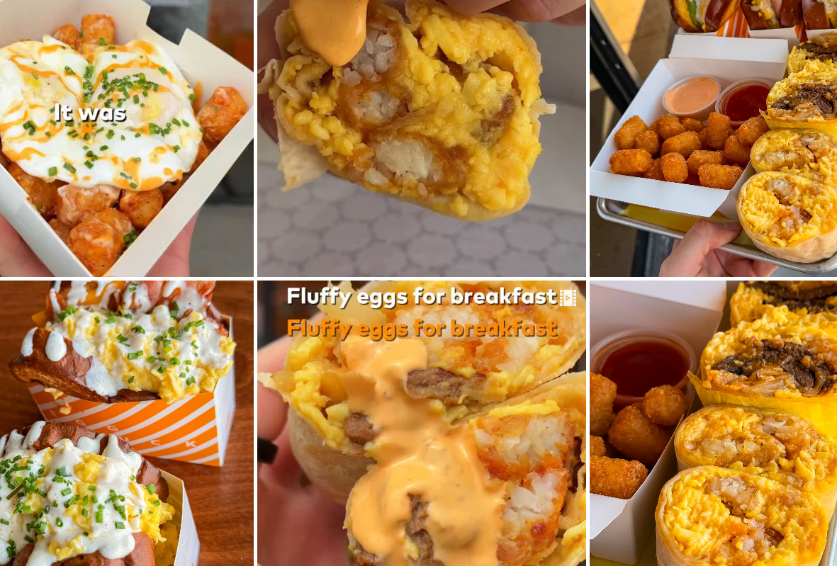 에그턱 대표 메뉴 – 부드러운 스크램블 에그, 해시브라운, 치즈 소스가 어우러진 아침 브렉퍼스트 샌드위치 이미지