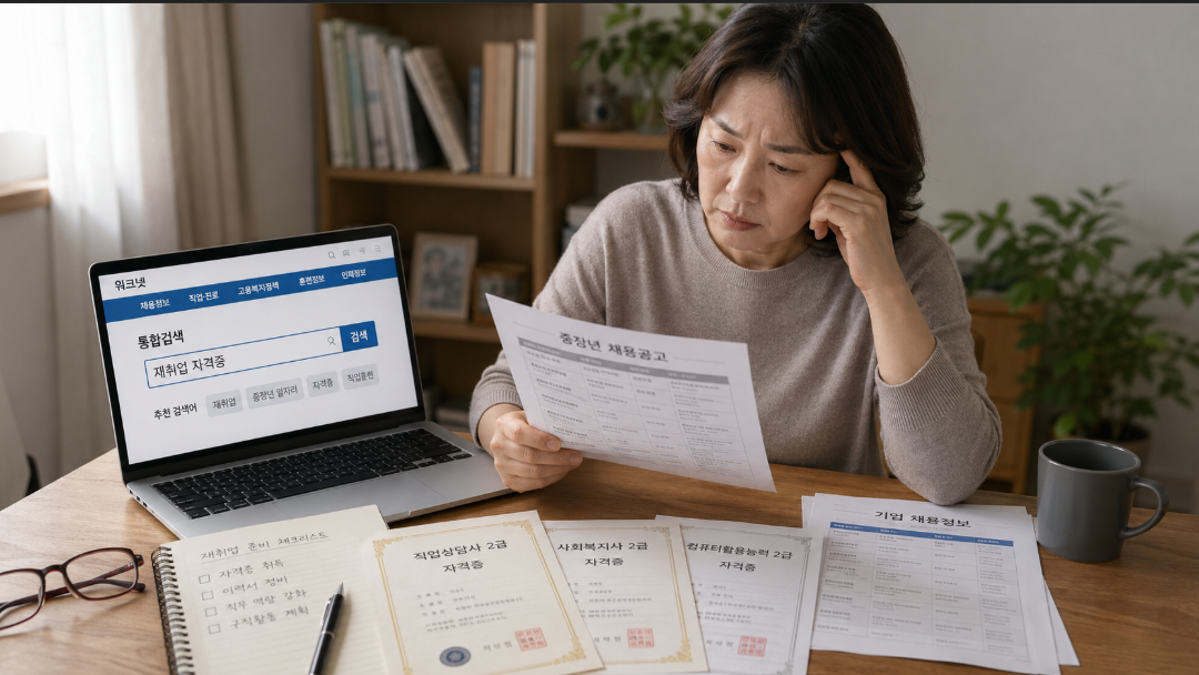 중장년 재취업을 위해 자격증과 채용공고를 비교하는 모습