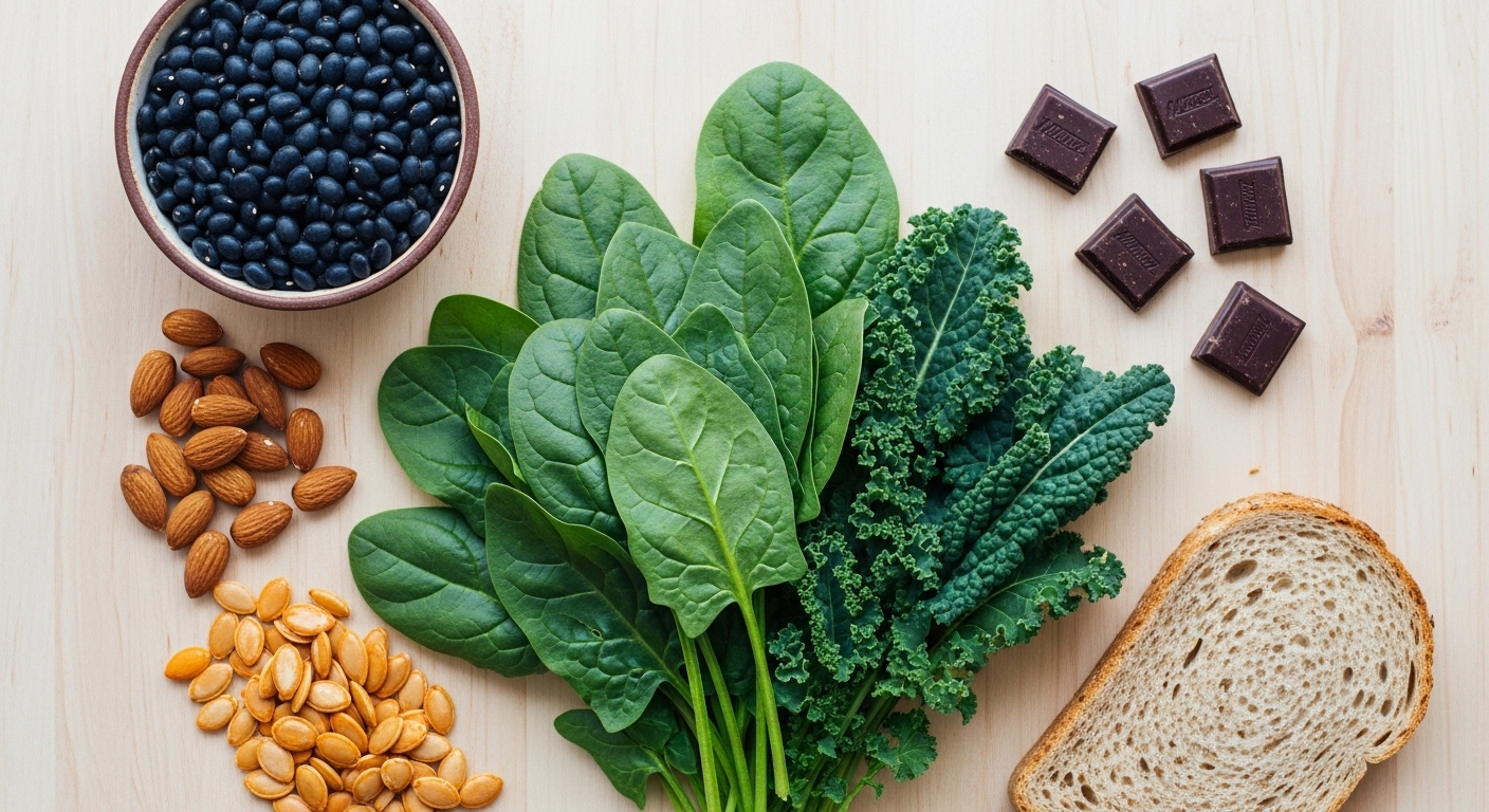 시금치, 아몬드, 다크 초콜릿, 검은콩 등 마그네슘이 풍부한 다양한 건강식품들을 먹음직스럽게 배열한 정물 사진