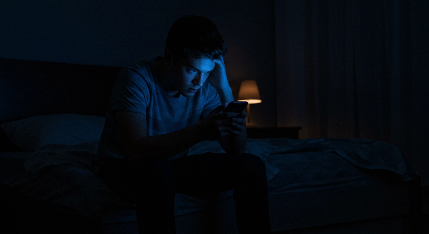늦은 밤 침대에 앉아 스마트폰 유튜브 쇼츠를 보며 피곤해하는 젊은 남성의 모습. 숏폼 중독과 디지털 피로를 상징하는 이미지.