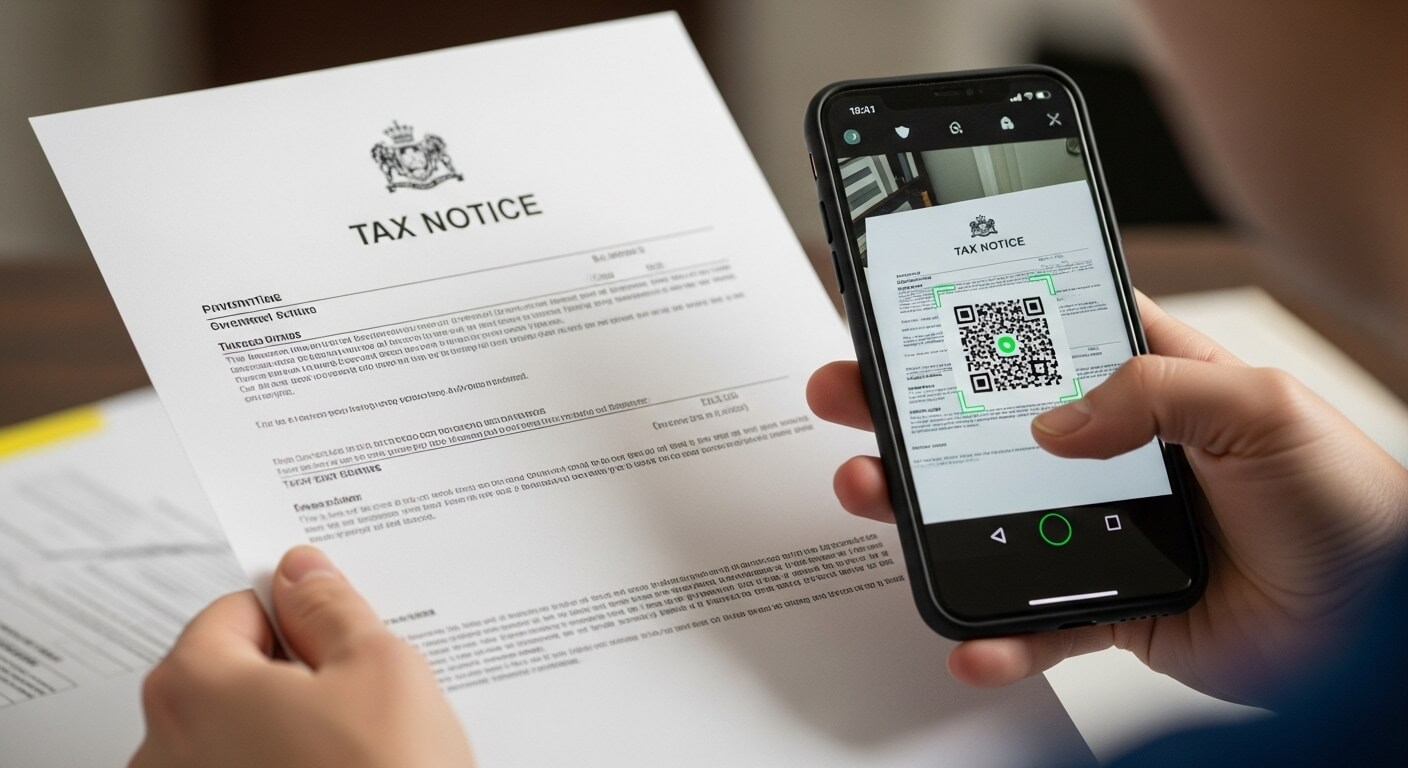 남성이 세금 고지서의 QR코드를 스마트폰으로 스캔하는 장면