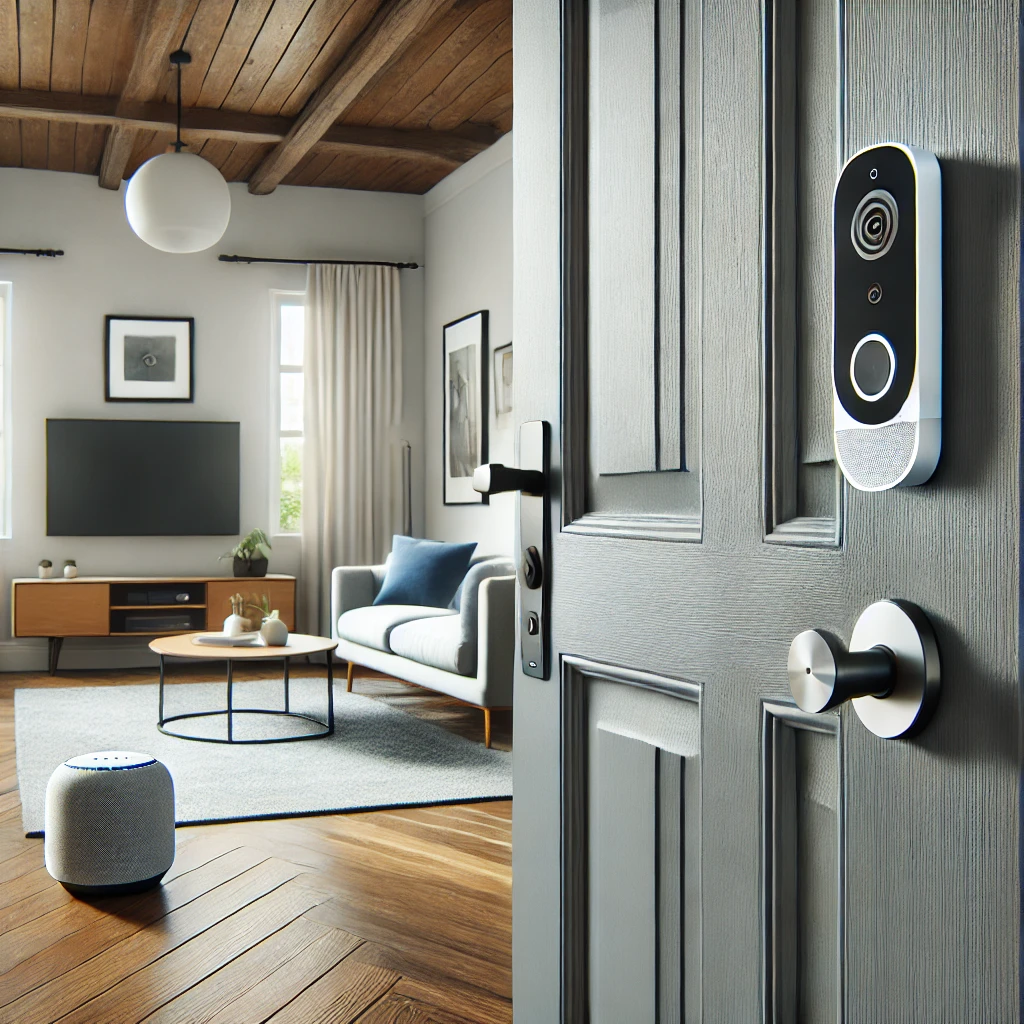 스마트 도어락과 보안 카메라를 설치한 문과 스마트 스피커가 있는 거실