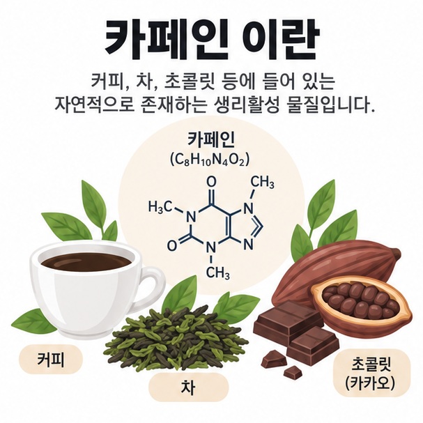 카페인 이란이라는 제목과 커피잔, 찻잎, 카카오를 함께 표현한 대표 이미지