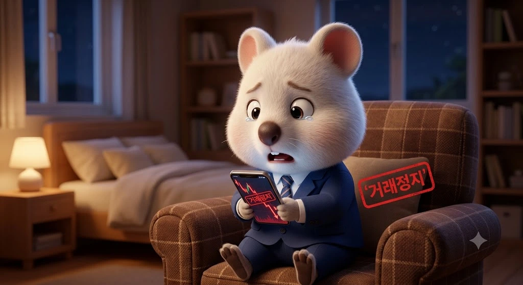 정장을 입은 백쿼카가 어두운 방에서 스마트폰을 보며 경악하는 모습. 스마트폰 화면에는 폭락하는 주가 차트와 함께 '거래정지'라는 붉은색 도장이 찍혀 있어 주식 상장폐지에 대한 투자자의 두려움을 표현함.