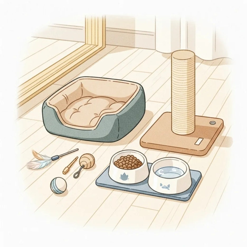 고양이 사료 그릇과 장난감 등 준비물이 정돈된 모습