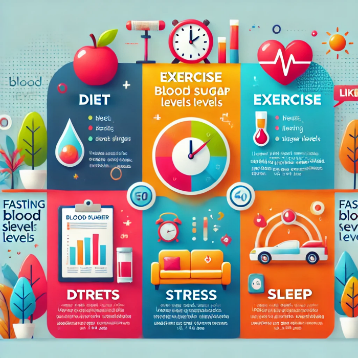 공복혈당에 영향을 미치는 요인(식단&amp;#44; 운동&amp;#44; 스트레스&amp;#44; 수면)을 설명하는 인포그래픽.