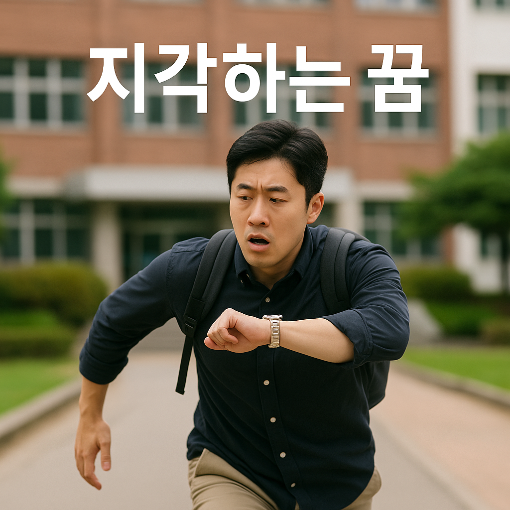지각하는 꿈 – 시계를 확인하며 다급하게 학교 앞을 달리는 젊은 한국 남성의 모습
