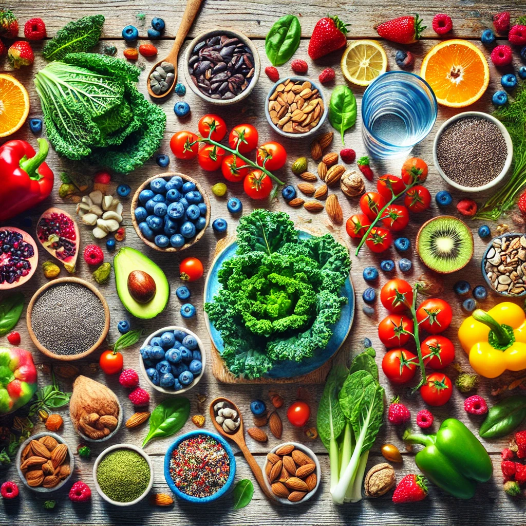 다양한 슈퍼푸드와 건강 식재료가 러스틱한 나무 테이블 위에 생생하게 펼쳐진 플랫레이 이미지