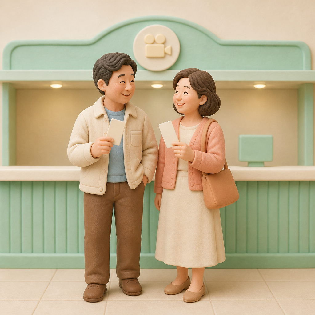 영화관 매표소 앞에서 표를 들고 기다리는 부부