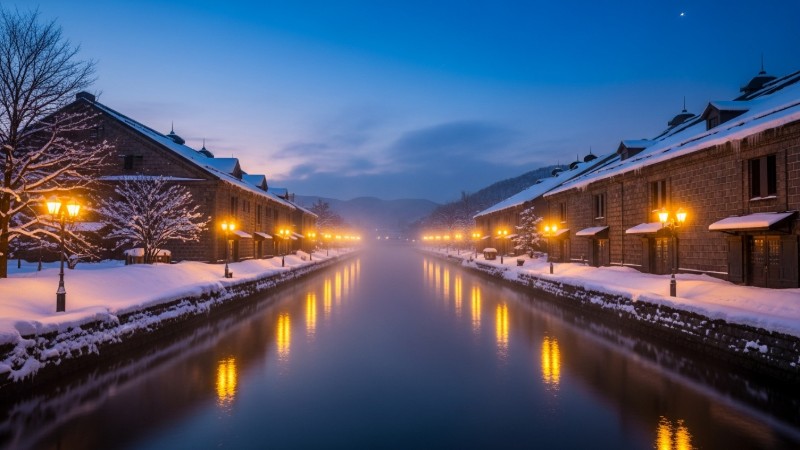 눈 덮인 홋카이도 오타루 운하의 낭만적인 겨울 야경과 가스등 불빛