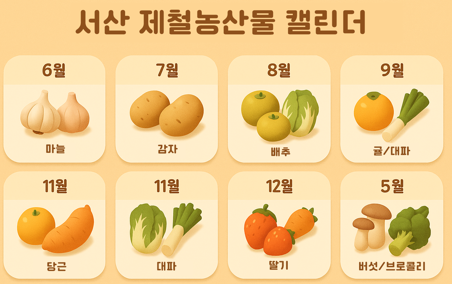 월별 서산 제철 농산물을 보여주는 인포그래픽 캘린더