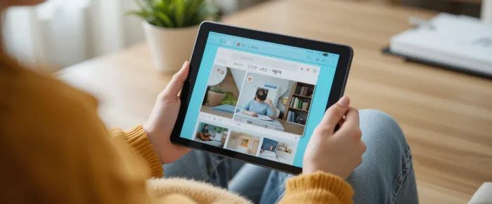 집에서 태블릿으로 디자인 작업 중