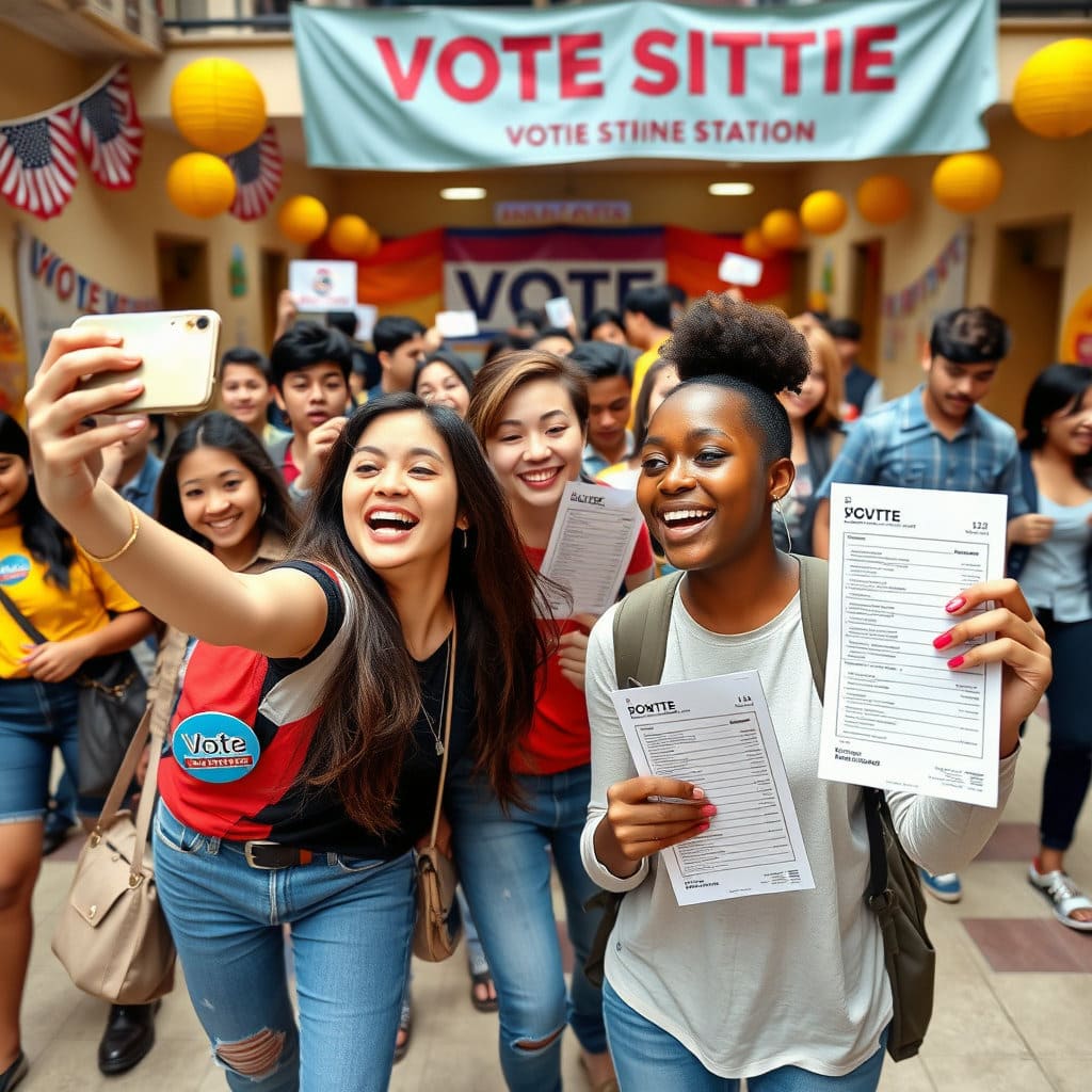 젊은 사람들이 함께 투표소로 향하거나, SNS에 투표 인증샷을 공유하는 모습 등 젊고 역동적인 느낌으로 표현합니다.