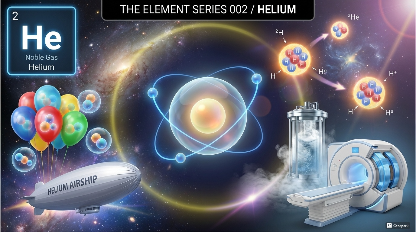 A high-end scientific visual for Helium (He) in 'The Element Series' style. Top: black horizontal bar with white text 'THE ELEMENT SERIES 002 / HELIUM'. Top left: square periodic table tile showing '2', 'He', 'Noble Gas', 'Helium'. Center: glowing 3D atomic model of Helium with two orbiting electrons and nucleus with soft yellow-orange glow. Left side: colorful party balloons floating with helium gas molecules, and a silver blimp airship floating in the sky. Right side: cryogenic container with boiling liquid helium creating cold vapor fog, and modern MRI medical scanner machine showing superconducting magnets. Background: starry space with glowing stars showing stellar fusion process where helium is created, soft yellow and purple light accents. High-tech aesthetic emphasizing lightness and scientific applications. Professional educational visualization with modern scientific poster design.