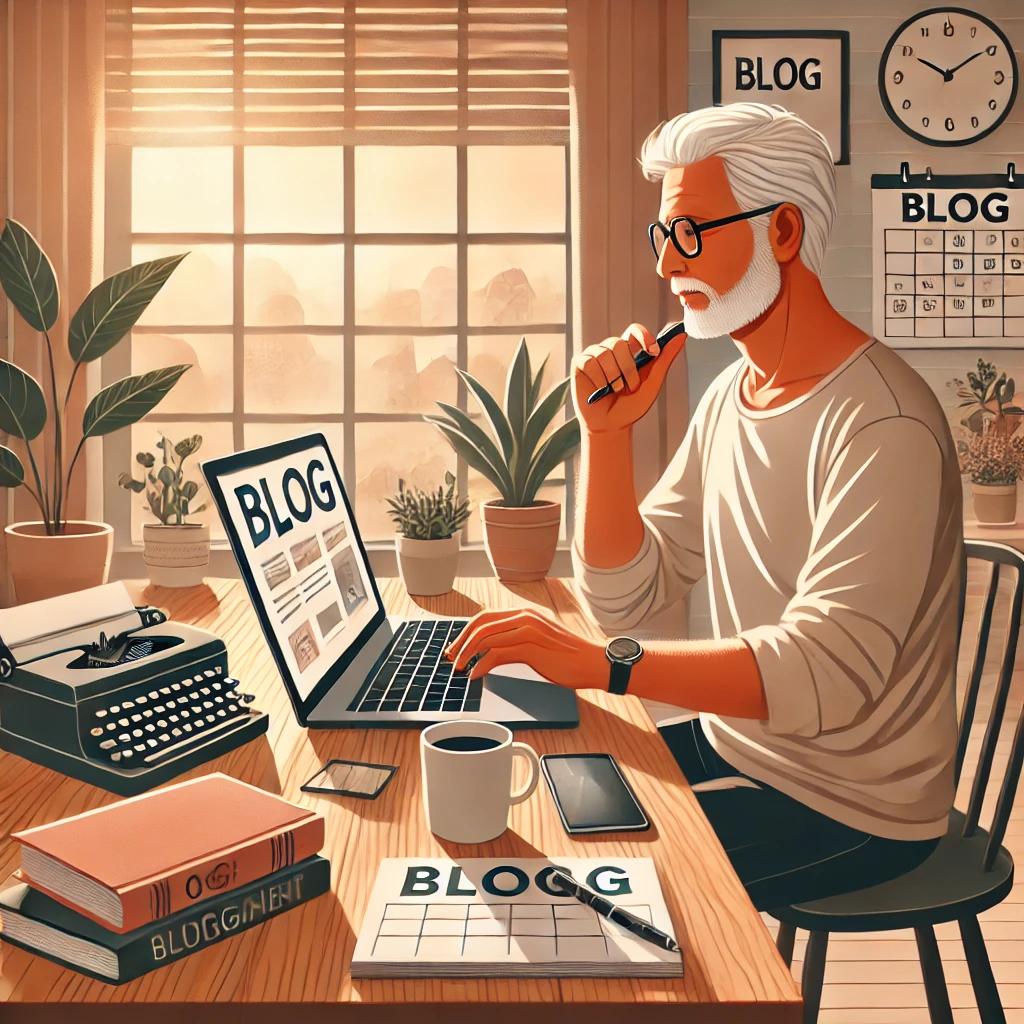 머리가 하얀 할아버지가 노트북 화면에 블로그를 띄워 놓고 작업하고 있다.