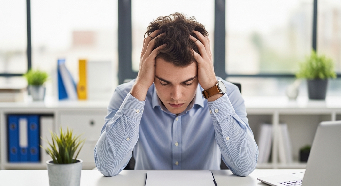 피곤한 표정으로 머리를 짚고 있는 젊은 직장인의 모습