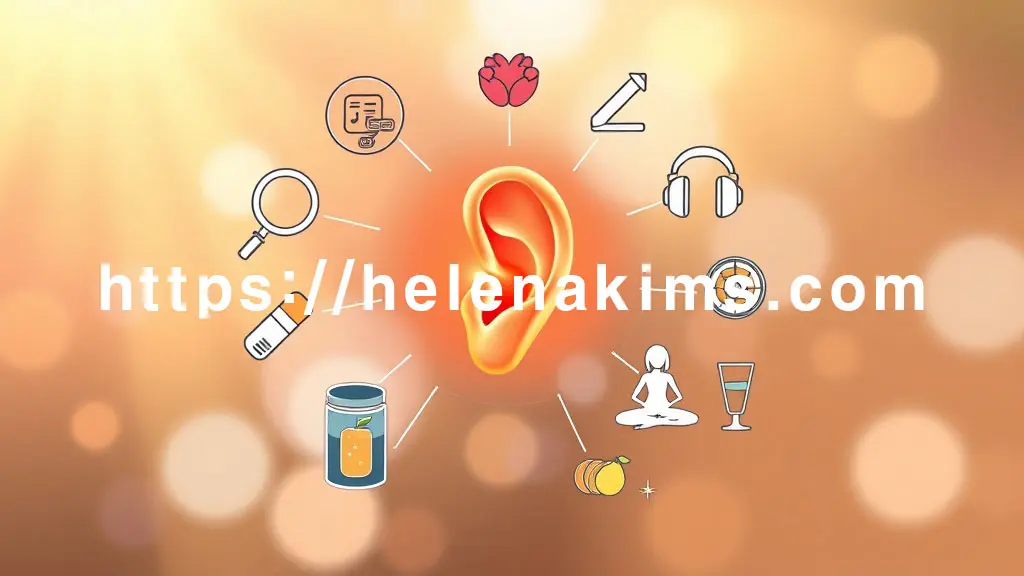 밝고 희망찬 분위기의 배경 중앙에 인간의 귀 형태가 부드럽게 빛나고 있다. 귀 주변으로는 '정확한 진단'을 상징하는 돋보기 아이콘, '약물'을 나타내는 알약, '소리 치료'를 의미하는 헤드폰, '건강한 생활 습관'을 표현하는 요가 자세, 신선한 과일, 물 잔 아이콘 등이 조화롭게 배치되어 있는 이미지.