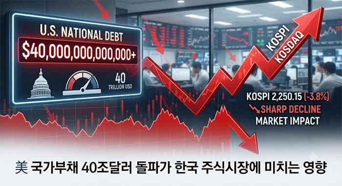 미 국가부채 40조 달러 돌파와 한국 주식시장 하락을 보여주는 그래프 이미지.