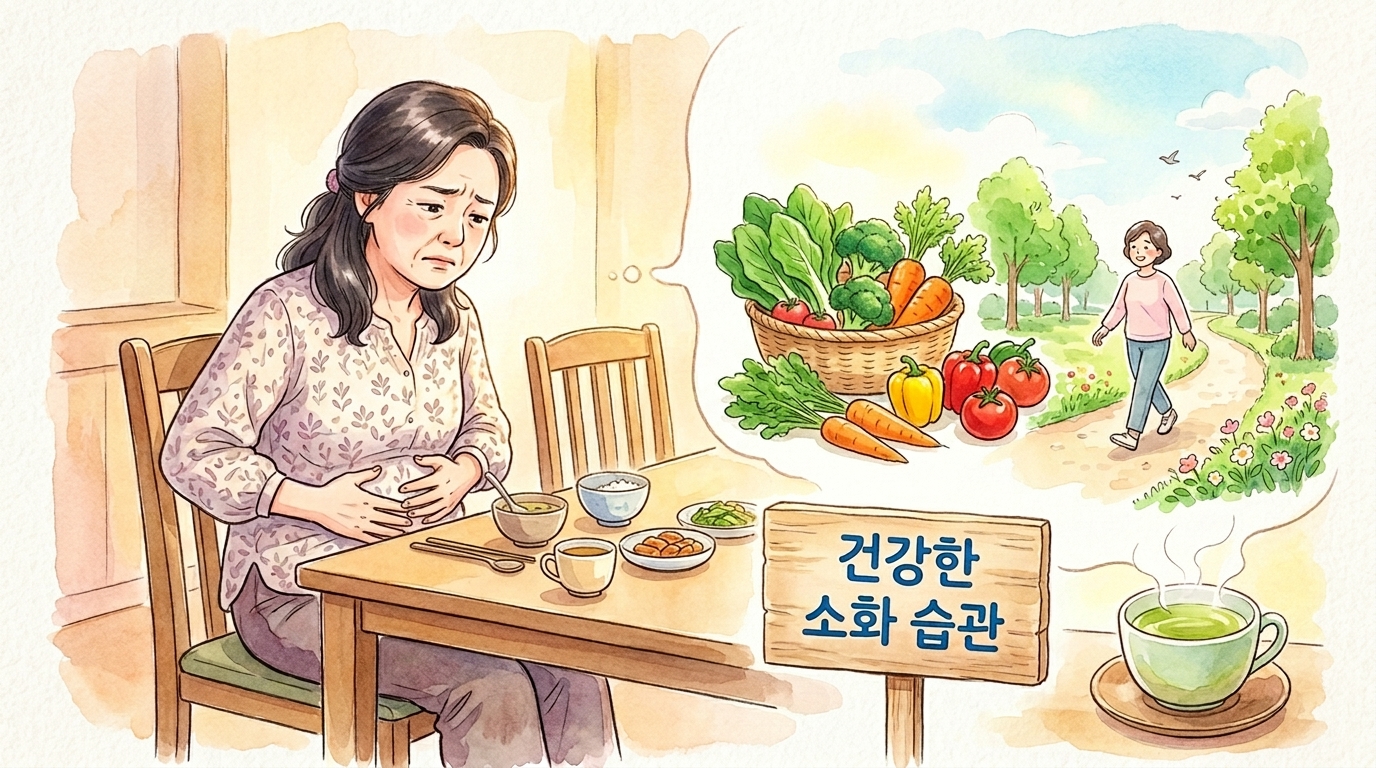 급하게 먹고 식후 바로 앉아 배가 불편한 중년 여성. 식후 산책 못한 것을 떠올리며 후회하고 있음.