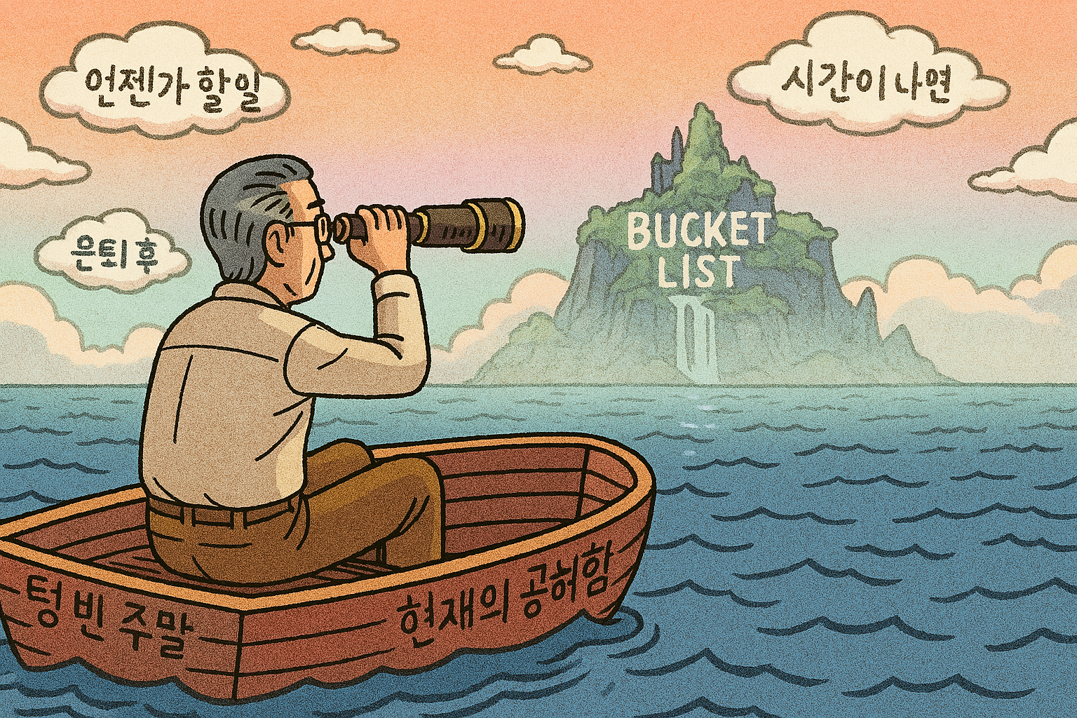 망원경으로 막연한 '버킷리스트' 섬을 바라보며 현재의 공허함에 지쳐있는 50대 남성.