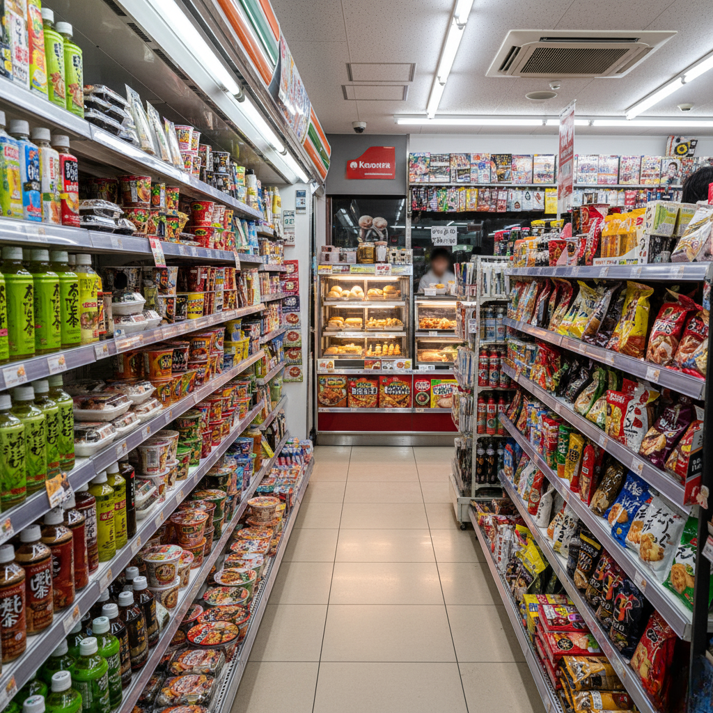 일본 편의점 내부 전경, 진열된 도시락과 과자, 음료 등이 가득한 통로 풍경.