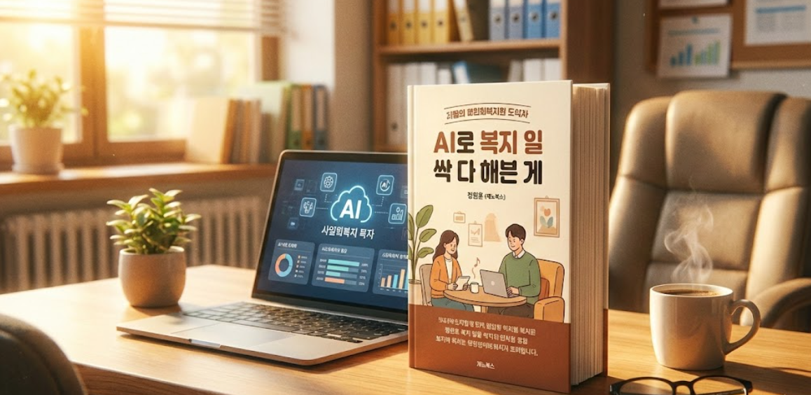 복지관 사무실 책상 위에 노트북과 정원훈 작가의 'AI로 복지 일 싹 다 해븐게' 책