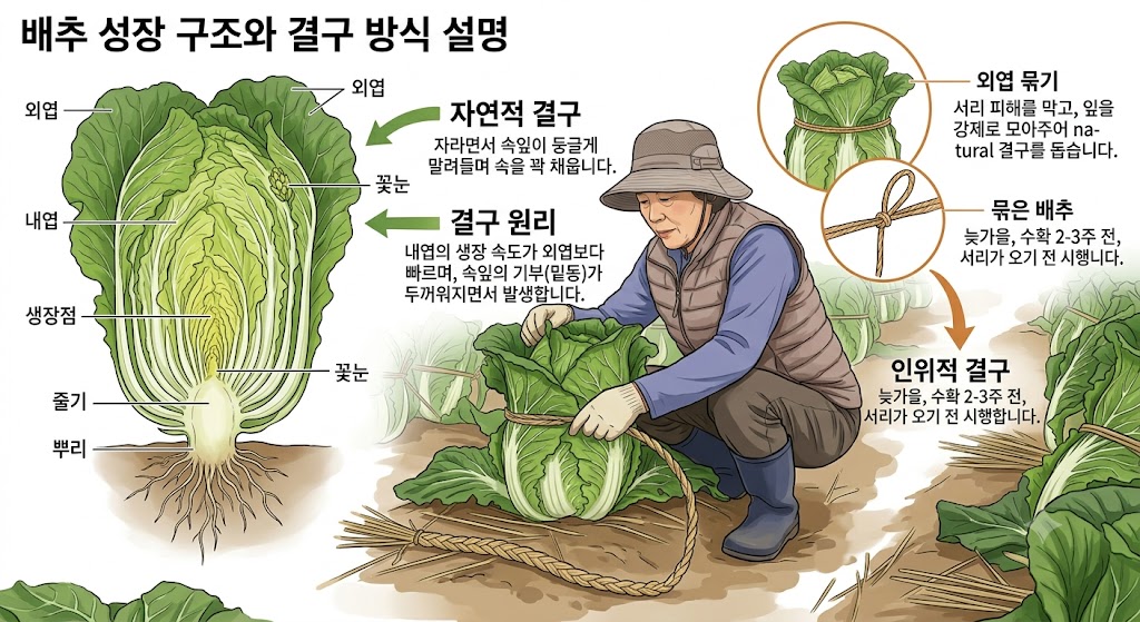 배추의 겉잎이 광합성을 하여 안쪽 속잎을 채우는 생리적 원리와 올바르게 묶은 형태 설명