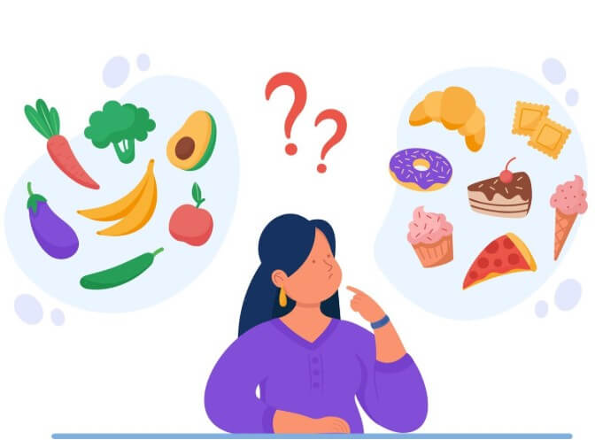 당뇨에 좋은 음식과 안 좋은 음식 중 뭘 먹을지 고민하는 여성