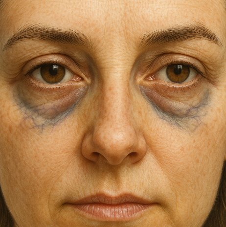 혈관형 다크써클의 특징인 눈 밑 얇은 피부를 통해 보이는 청색&middot;보라색 혈관이 섬세하게 표현된 모습