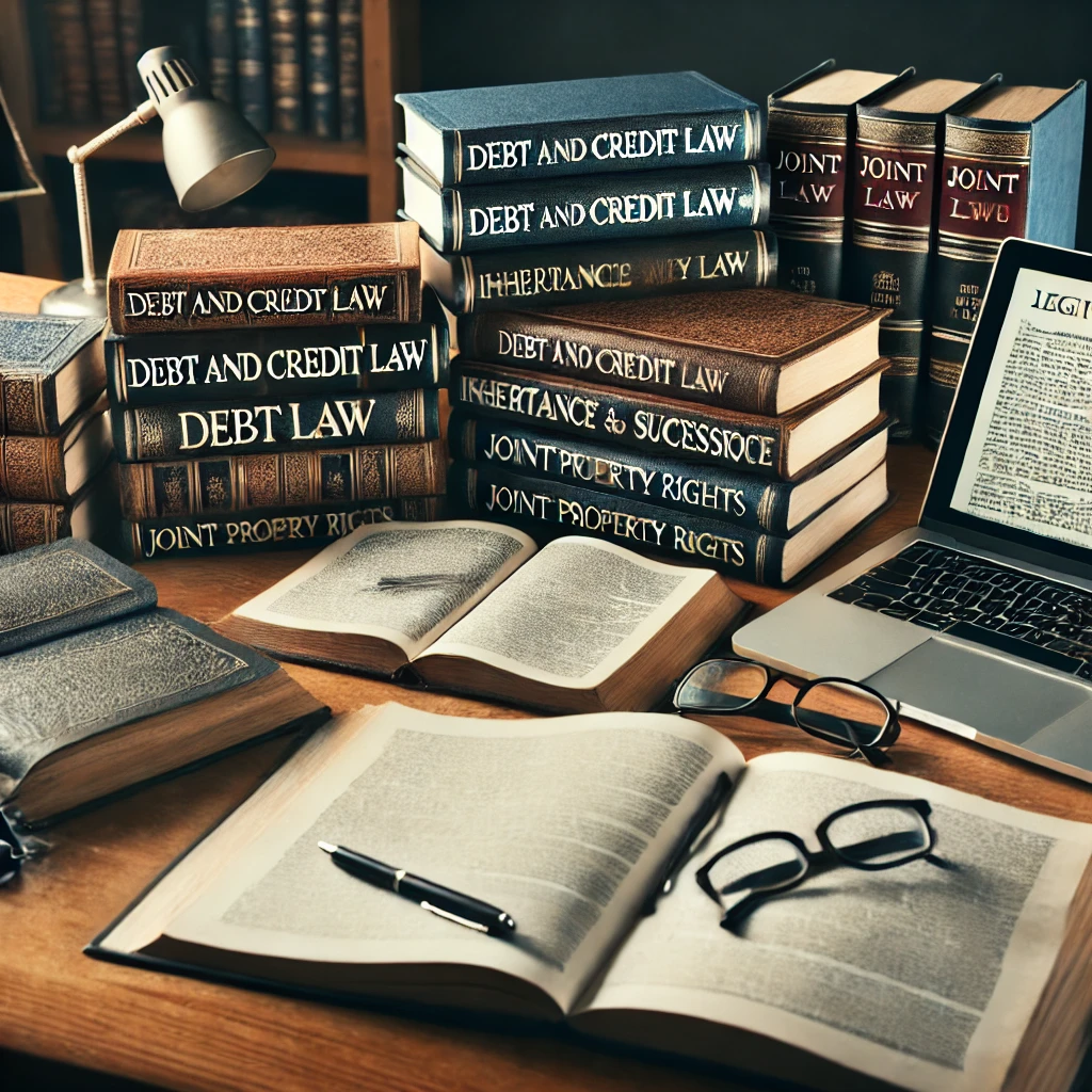 채권 채무 공동상속 관련 법률 서적들이 쌓여있는 책상