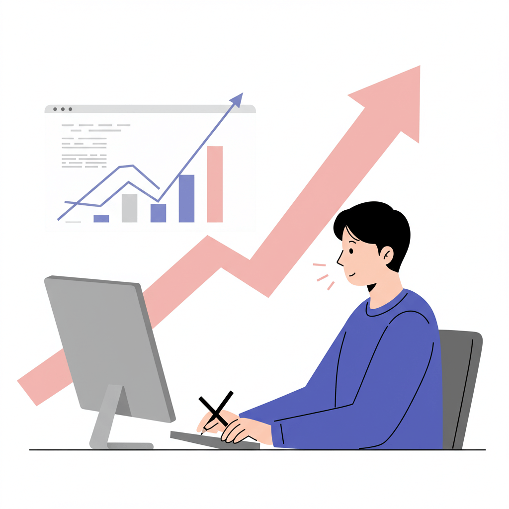 향후 자녀장려금 금액 증가 가능성을 전망하는 그래프와 성장차트를 pc화면에 보는 아버지의 모습을 나타낸 장면
