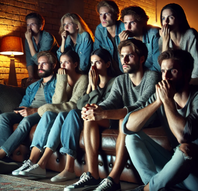 사람들이 TV보고 있는 사진