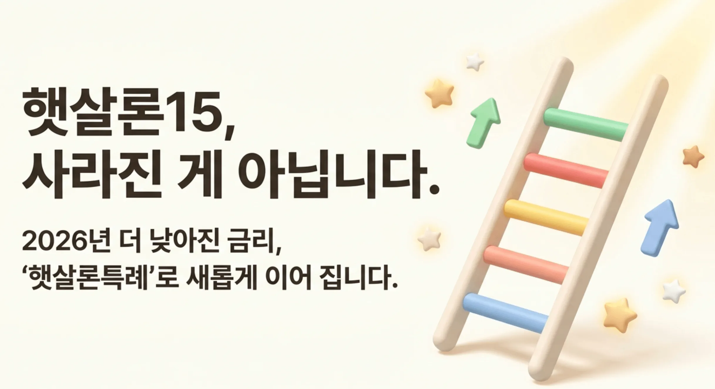 '햇살론15, 사라진 게 아닙니다. 2026년 더 낮아진 금리, 햇살론특례로 새롭게 이어집니다'라는 문구와 알록달록한 사다리 그림이 담긴 대표 이미지. 이 이미지는 햇살론15가 2025년 말 폐지되고 2026년 햇살론특례로 통합되며 금리가 낮아진 사실을 시각적으로 전달하며, 블로그의 햇살론15 햇살론특례 통합 자격 금리 한도 신청방법 안내와 관련된 내용을 설명함