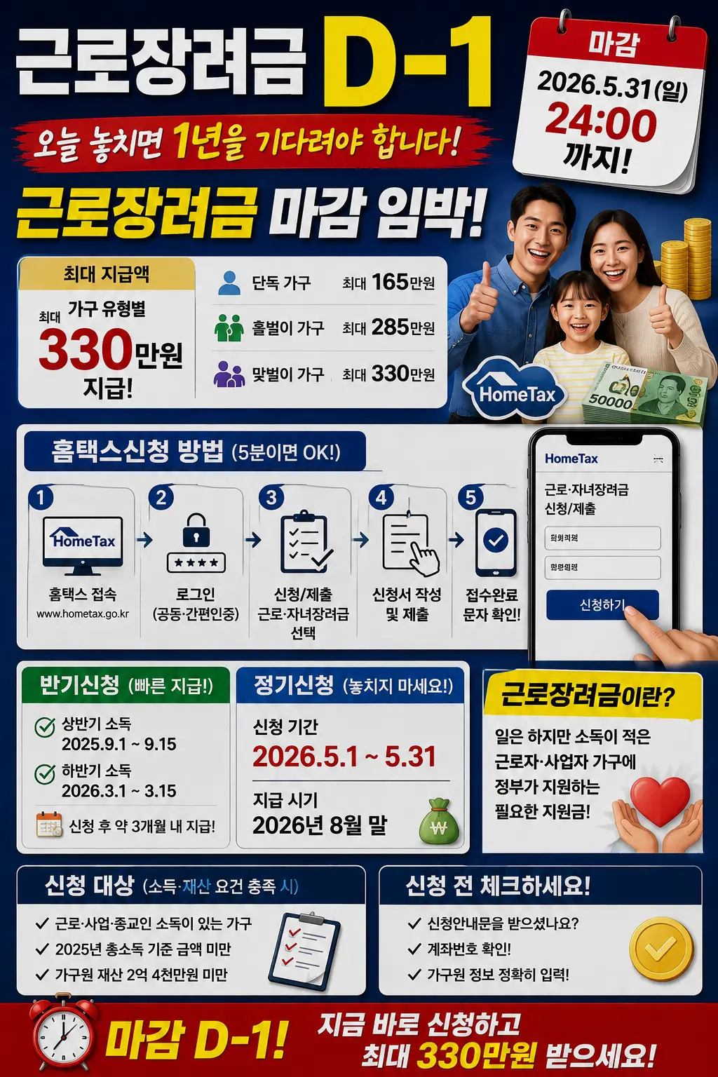 근로장려금 D-1 오늘 놓치면 1년을 기다려야 합니다. 근로 장려금 마감 임박 이미지