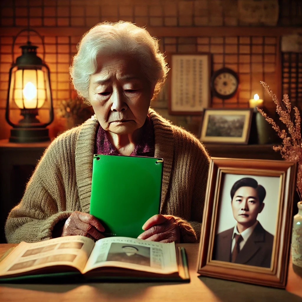 따뜻한 조명의 전통적인 분위기 속에서 할머니가 초록색 유족연금통장 을 들고 고인의 사진이 담긴 앨범을 바라보며 슬퍼하고 있다. 옆에는 액자 속 고인의 사진이 놓여 있다.&rdquo;