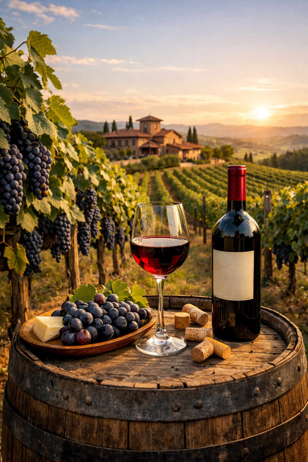 드넓은 와이너리를 배경으로 오크통위에 놓여진 레드와인 사진