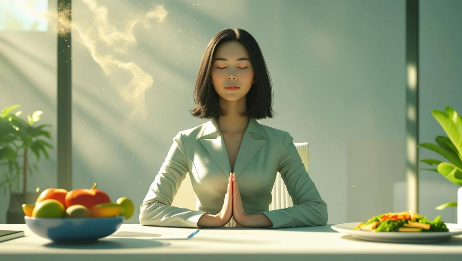 사무실에서 스트레스 호르몬 조절을 위해 복식호흡과 건강식단을 실천하는 직장인