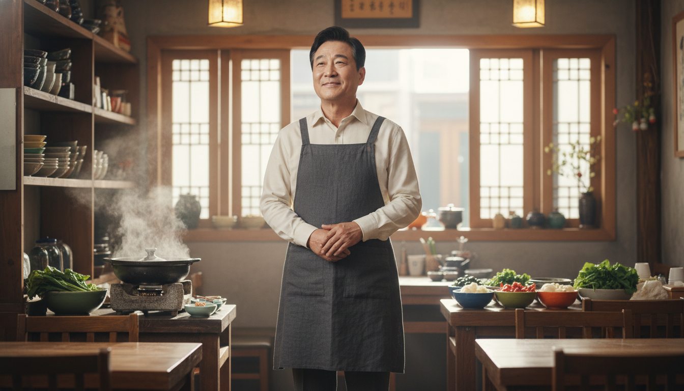 2026년 이재명 정부의 1호 추경안 통과. 앞치마를 두른 60대 한국인 남성이 작은 동네 식당 안에 서서 안도하며 희망찬 표정을 짓고 있는 에디토리얼 사진, 시네마틱 조명, 부드러운 배경 아웃포커싱.