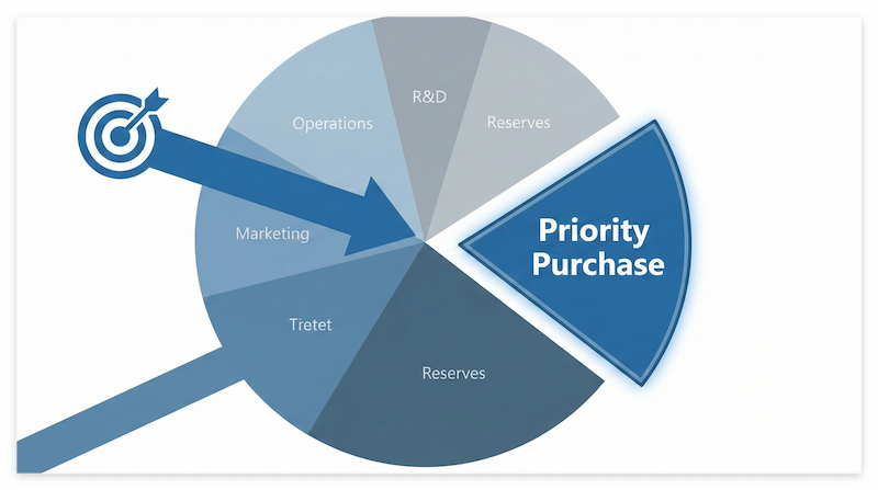 전체 예산 파이 차트 중 우선구매(Priority Purchase)로 배정된 특정 영역을 타겟 화살표가 정확히 가리키고 있는 플랫 디자인 인포그래픽