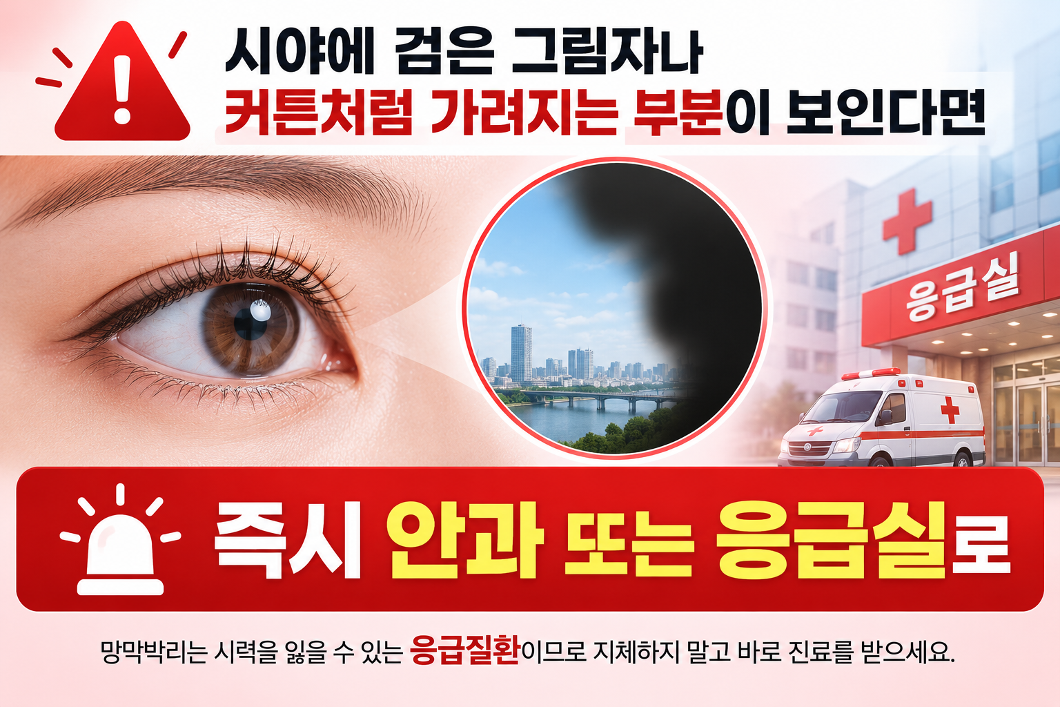 망막박리 의심 시 즉시 안과 또는 응급실 방문이 필요하다는 응급 경고 안내