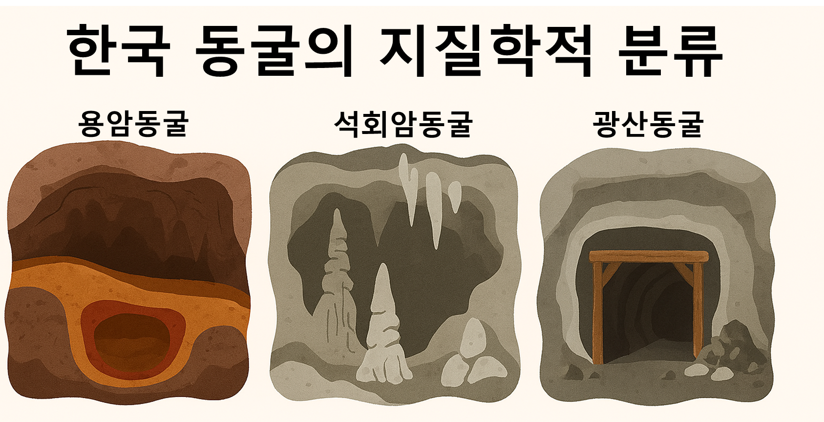 한국 동굴의 지질학적 분류: 용암동굴 vs 석회암동굴 vs 광산동굴