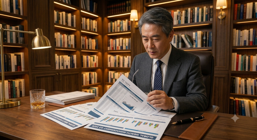 세련된 서재 데스크 위에서 국내 반도체 조정 차트와 가격 메리트가 발생한 차나이테크 밸류에이션 비교 원장을 대조하는 자산가