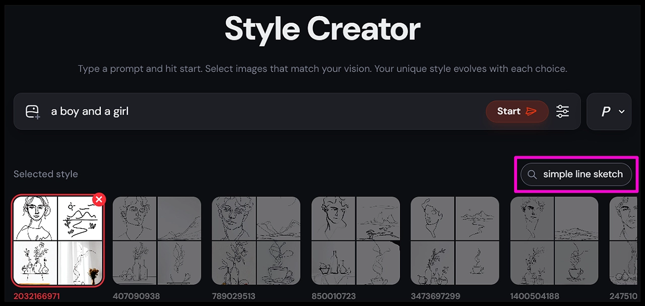 미드저니 Style Creator에 simple line sketch 방향과 소년 소녀 프롬프트를 입력한 화면