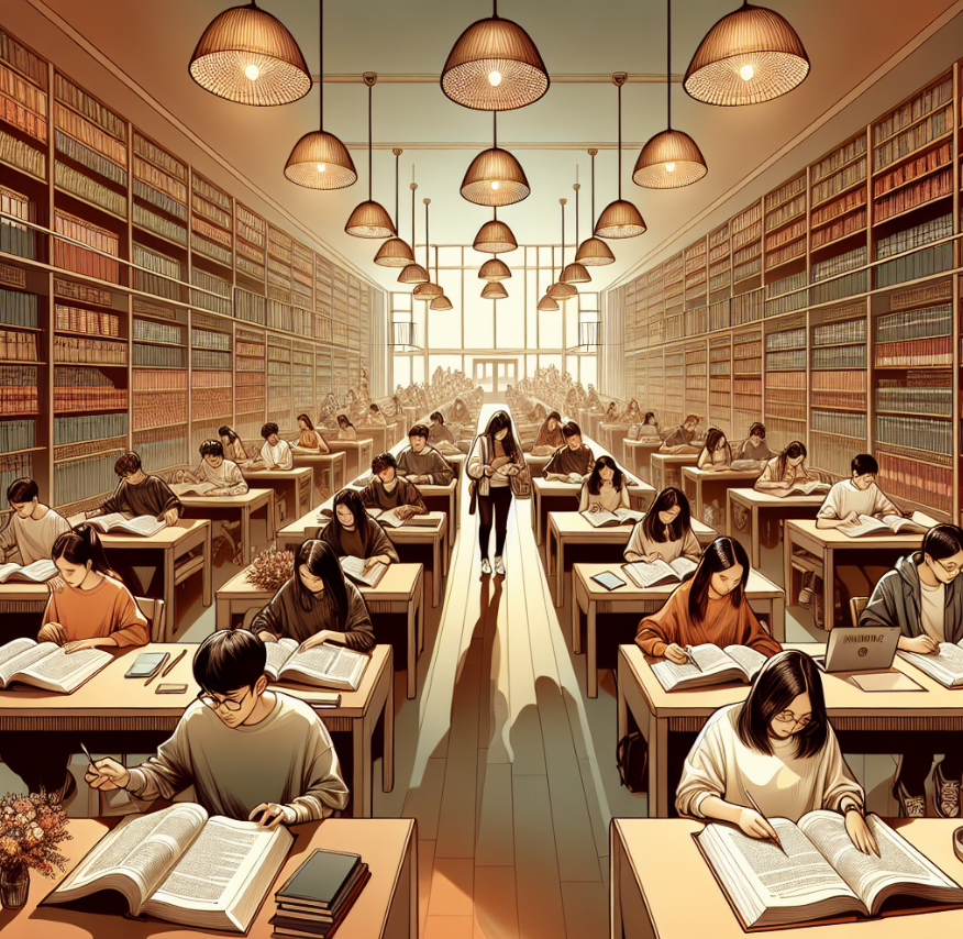도서관에서 열심히 공부하는 학생들