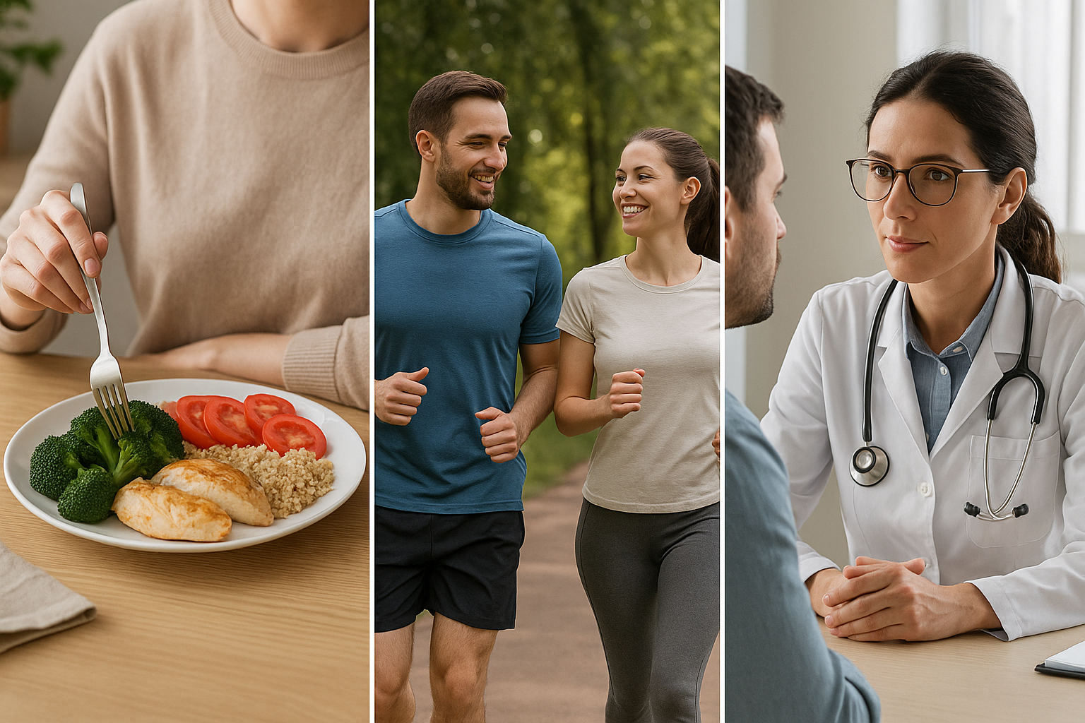 당료 관리 예방법 이미지. 균형 잡힌 식사, 운동, 정기적인 검진.